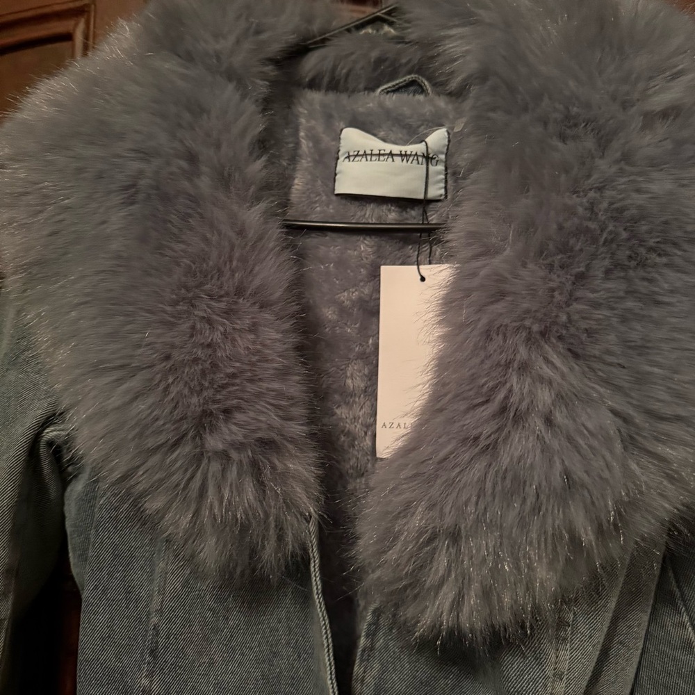 Urban Outfitters Azalea Wang Blue Faux Fur Trim Denim Trench Coat - Picture 5 of 5